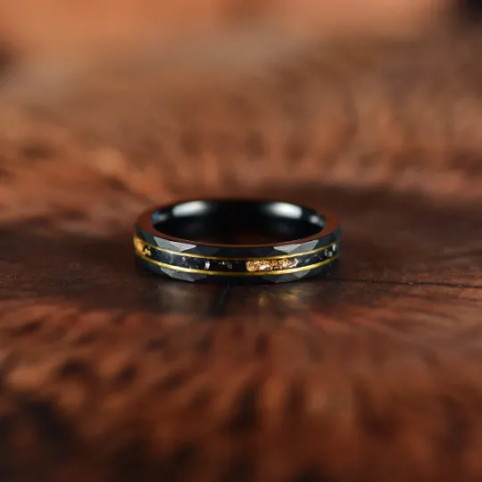 Galactic Gold Ring - Hammered Tungsten Meteorite Gold Leaf 4MM