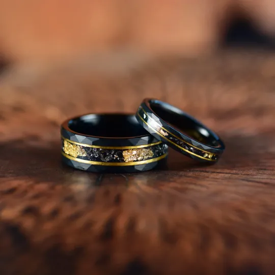 Galactic Gold Ring - Hammered Tungsten Meteorite Gold Leaf 4MM