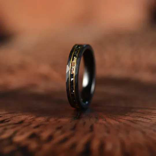 Galactic Gold Ring - Hammered Tungsten Meteorite Gold Leaf 4MM