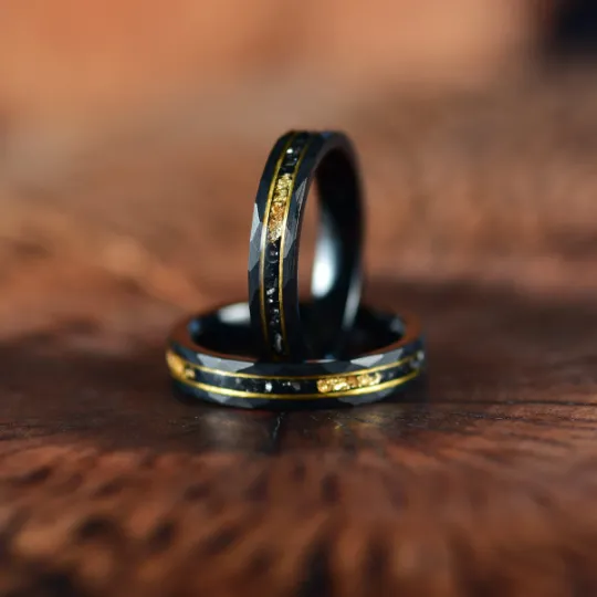 Galactic Gold Ring - Hammered Tungsten Meteorite Gold Leaf 4MM