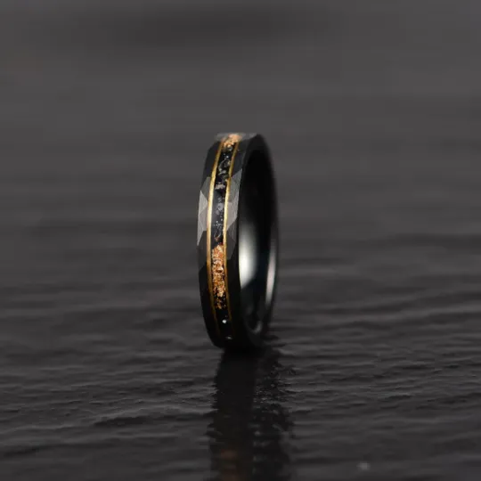 Galactic Gold Ring - Hammered Tungsten Meteorite Gold Leaf 4MM
