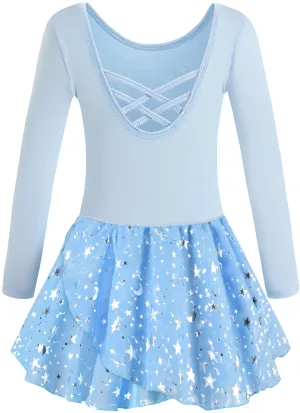 Girls Ballet Leotards: Short Sleeve with Hollow Crisscross Back and Shiny Skirt