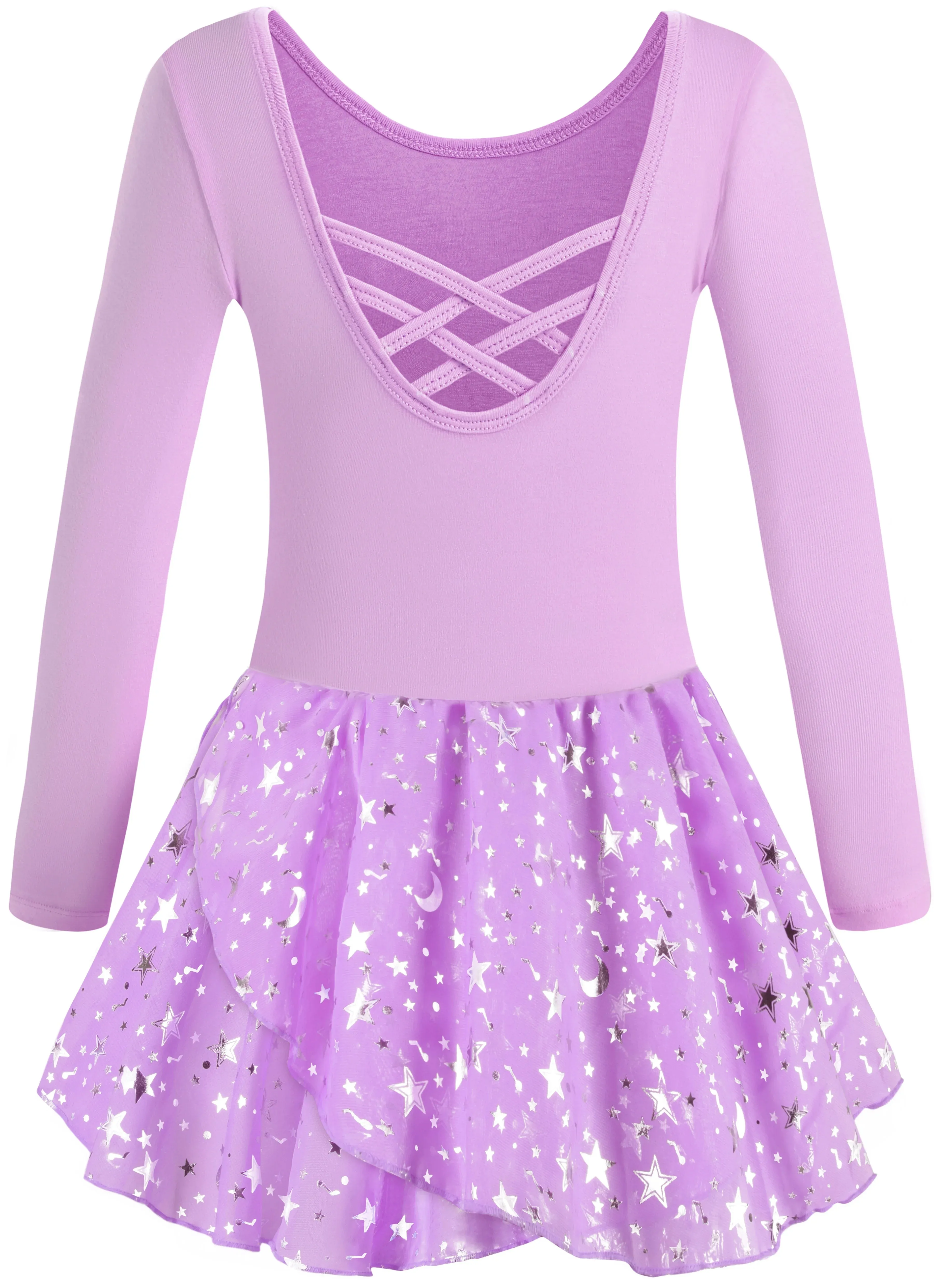 Girls Ballet Leotards: Short Sleeve with Hollow Crisscross Back and Shiny Skirt