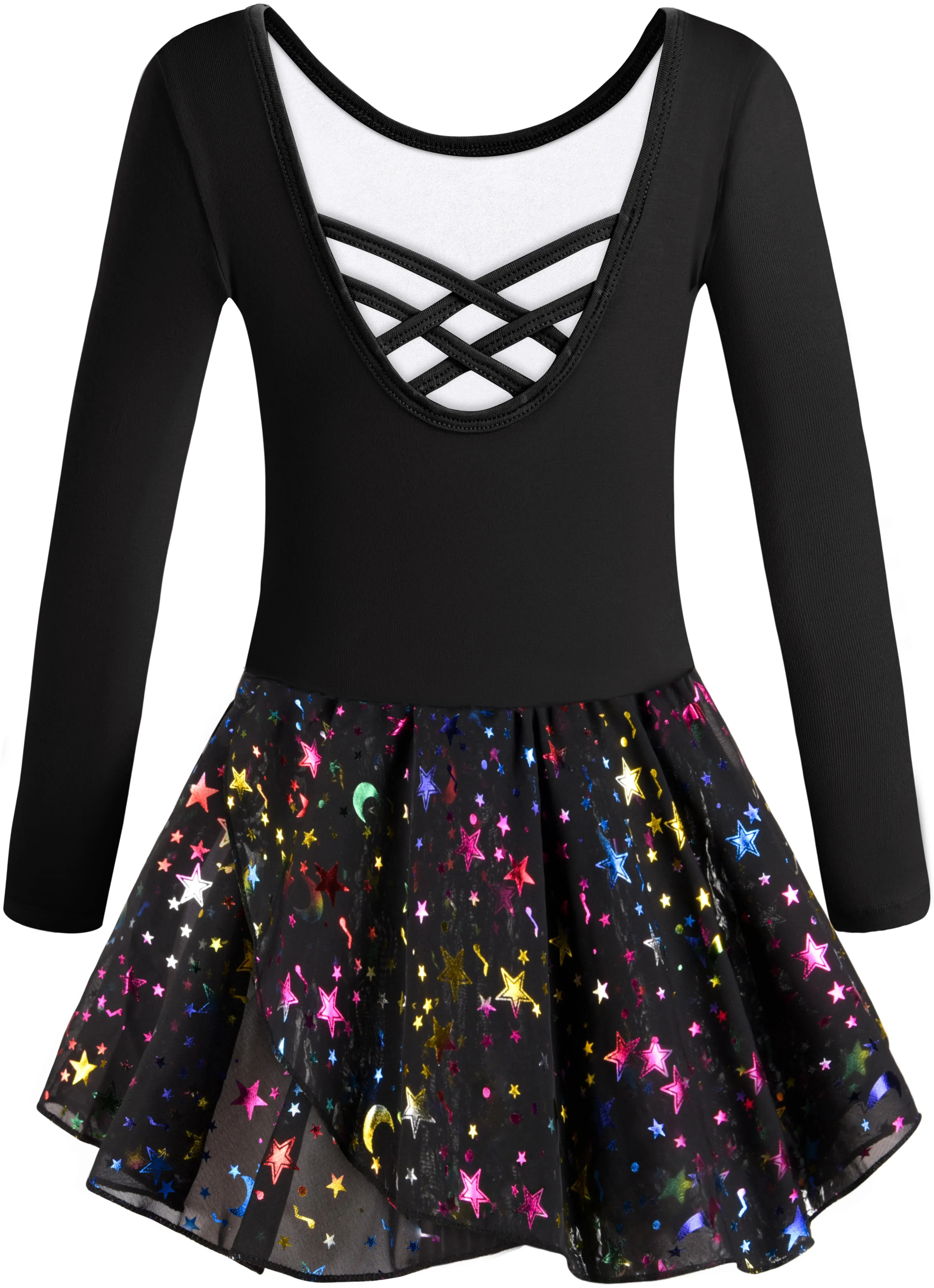 Girls Ballet Leotards: Short Sleeve with Hollow Crisscross Back and Shiny Skirt