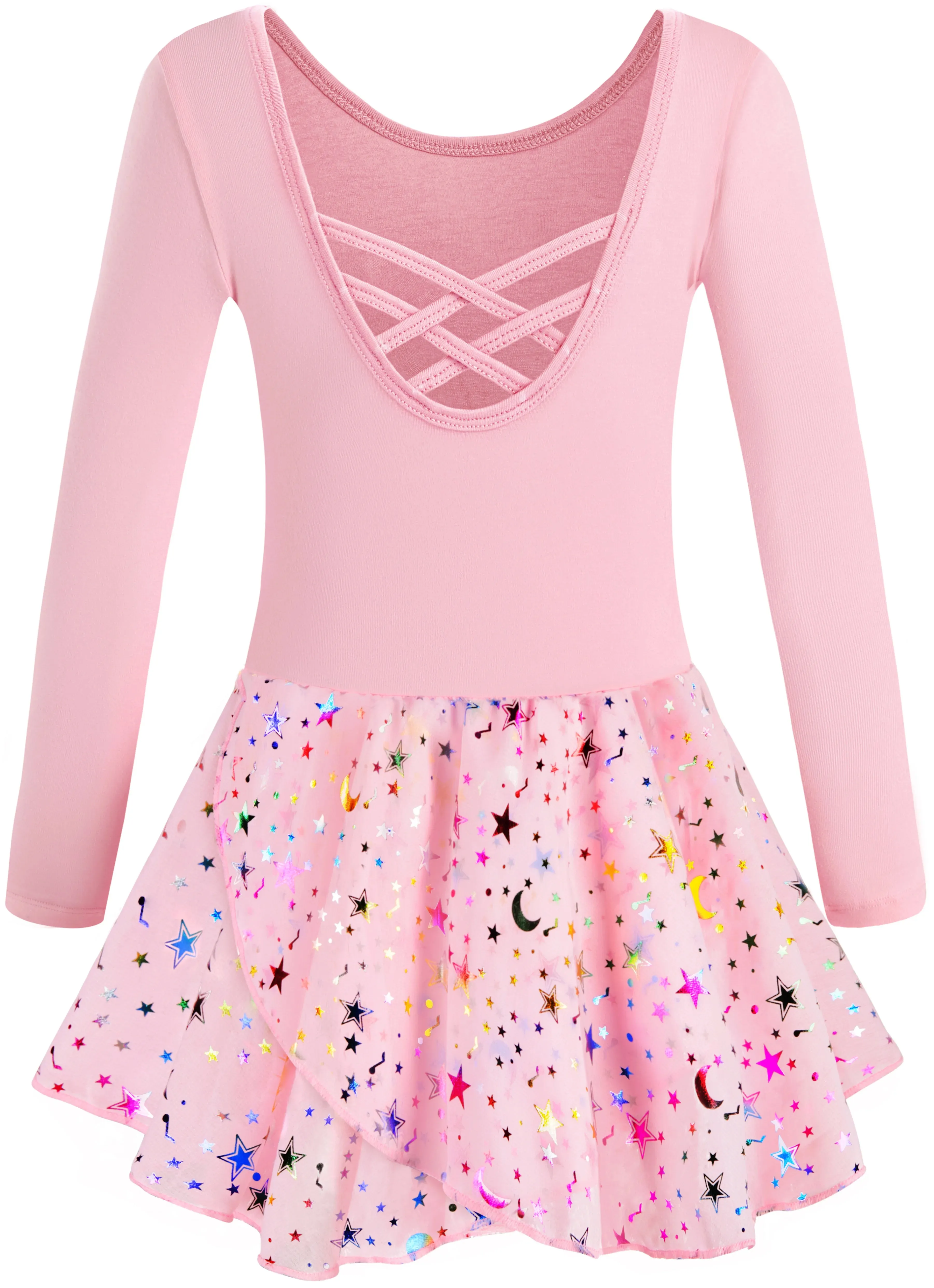 Girls Ballet Leotards: Short Sleeve with Hollow Crisscross Back and Shiny Skirt