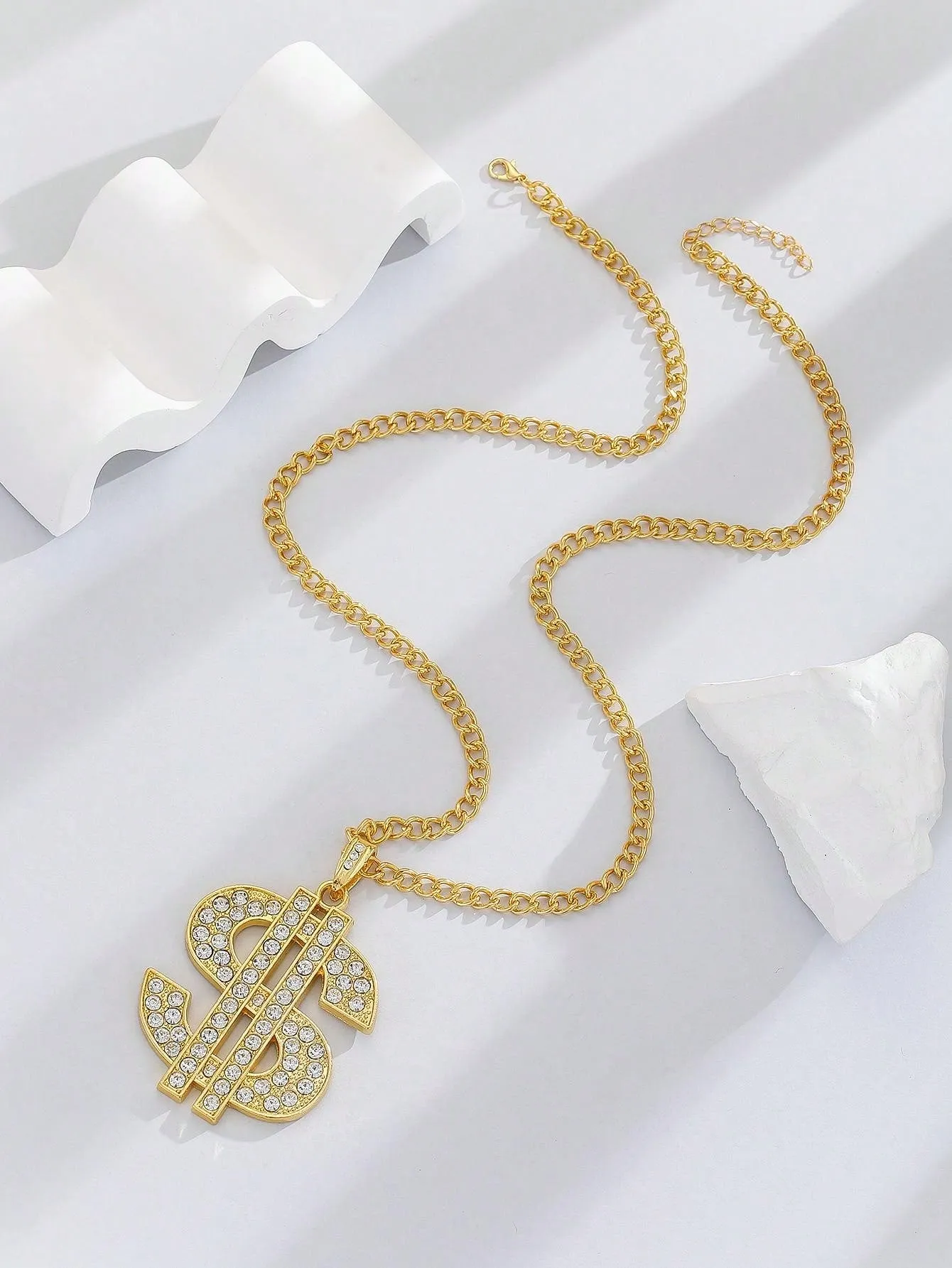 Gold Plated Dollar Sign Pendant Necklace Embellished With Rhinestones, Suitable For Daily Wear