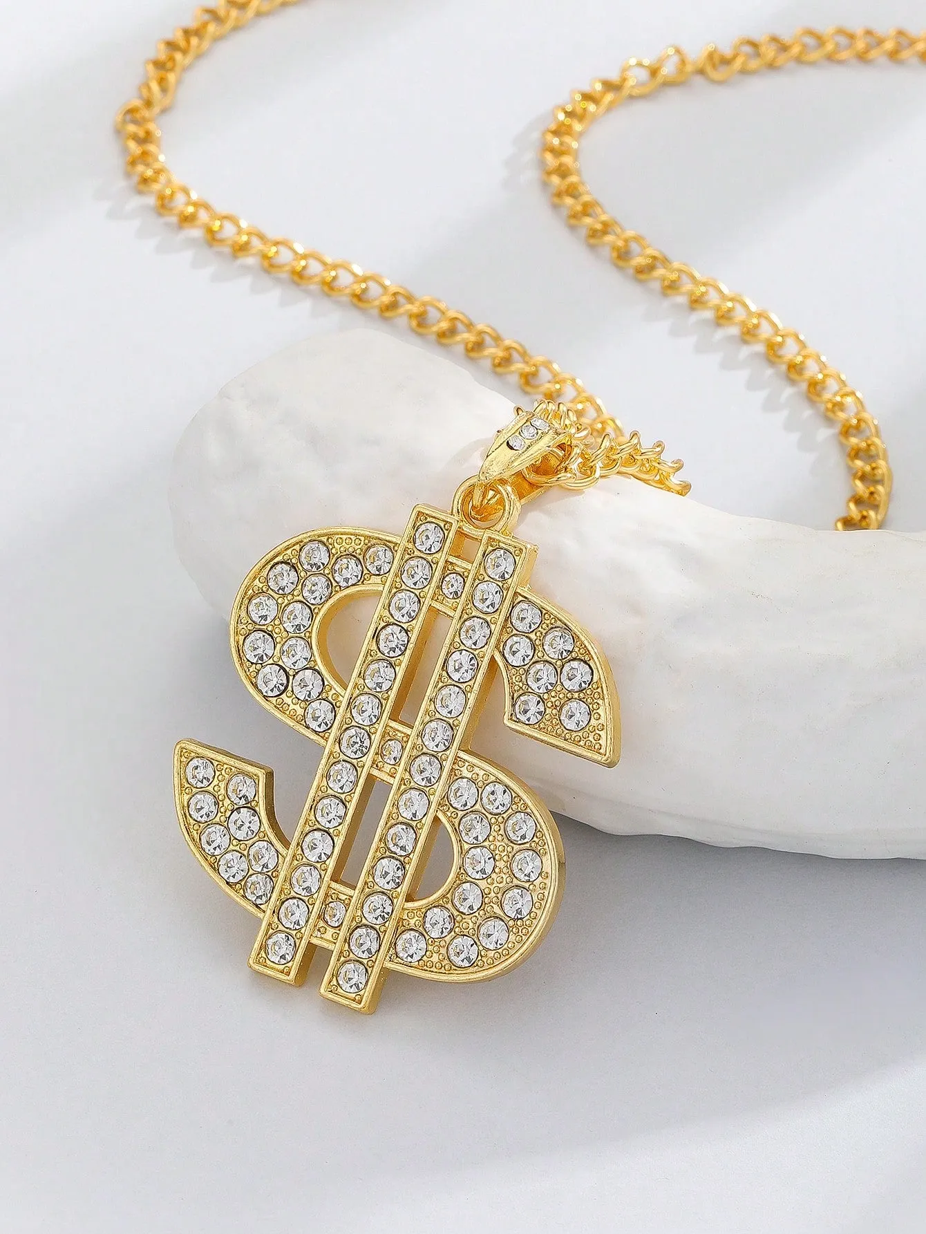 Gold Plated Dollar Sign Pendant Necklace Embellished With Rhinestones, Suitable For Daily Wear