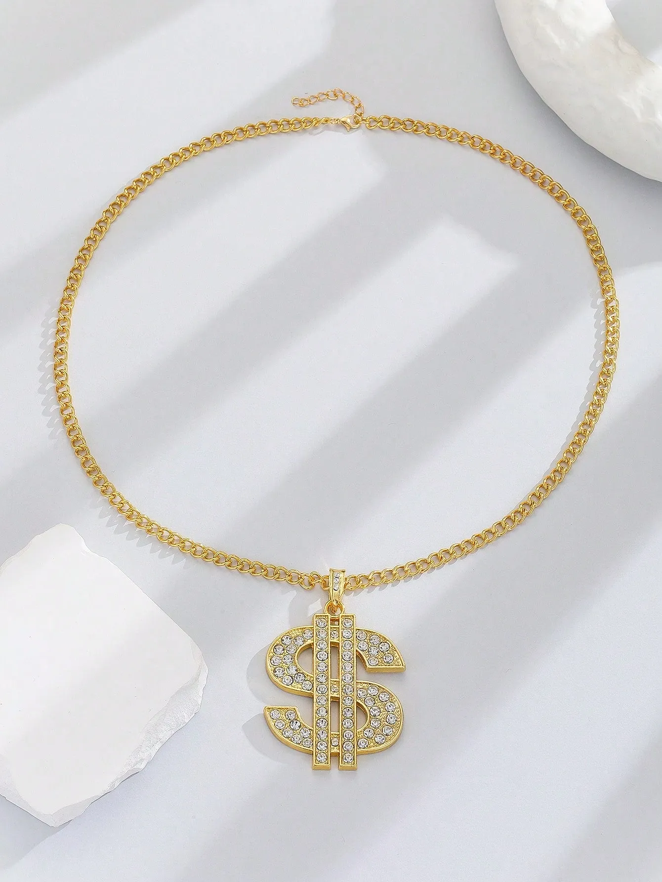 Gold Plated Dollar Sign Pendant Necklace Embellished With Rhinestones, Suitable For Daily Wear
