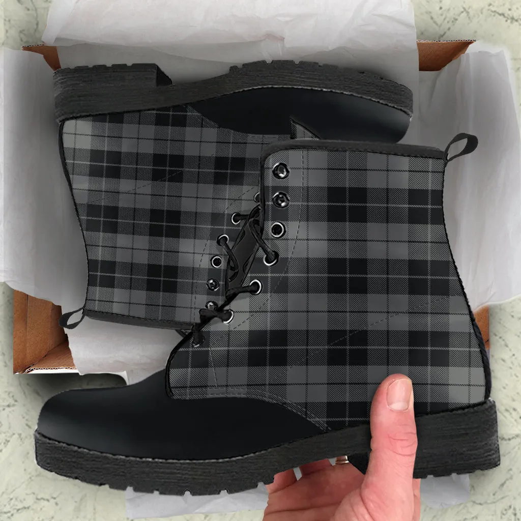 Gray and Black Plaid Vegan Leather Color Block Boots