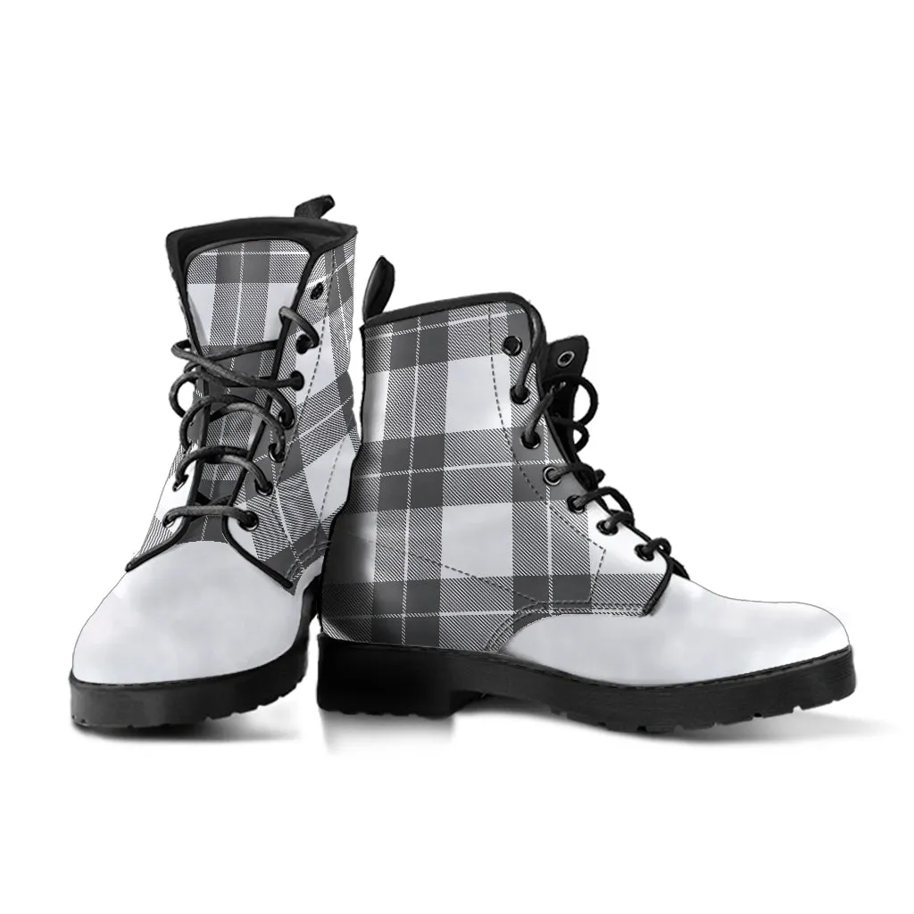 Gray and White Plaid Vegan Leather Boots