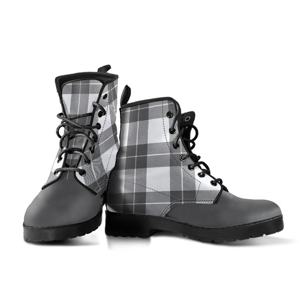 Gray and White Plaid Vegan Leather Boots