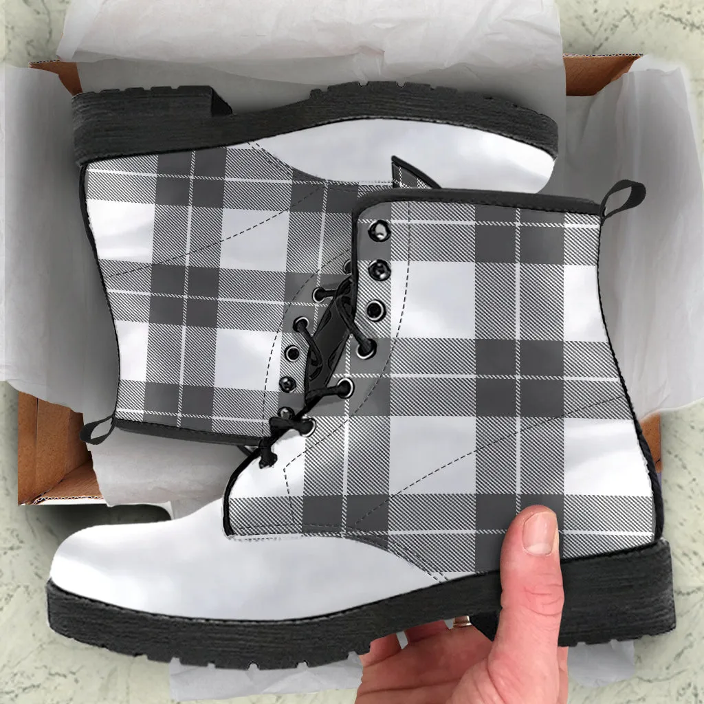 Gray and White Plaid Vegan Leather Boots
