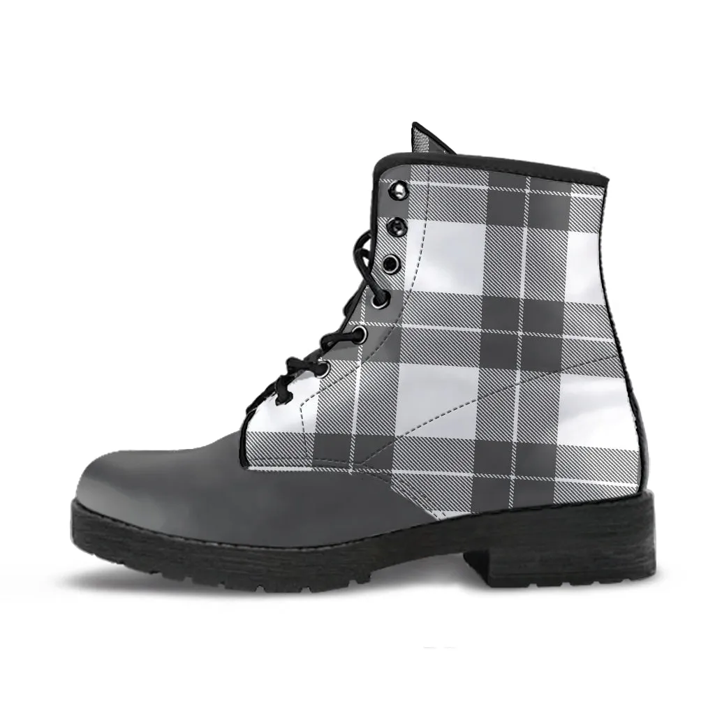 Gray and White Plaid Vegan Leather Boots