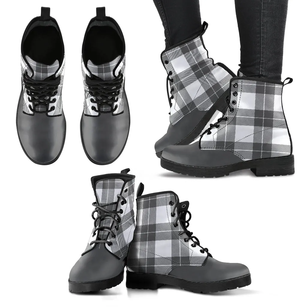 Gray and White Plaid Vegan Leather Boots