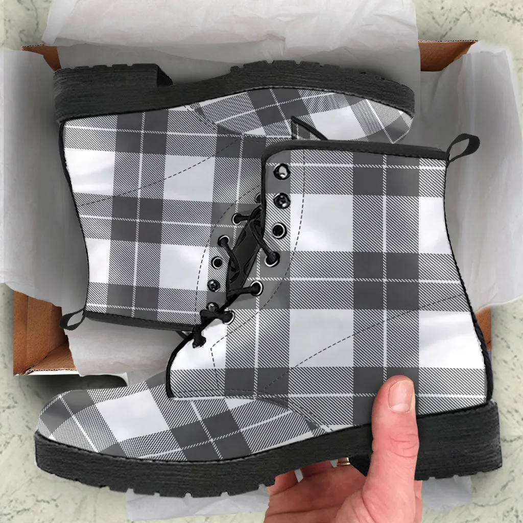 Gray and White Plaid Vegan Leather Boots
