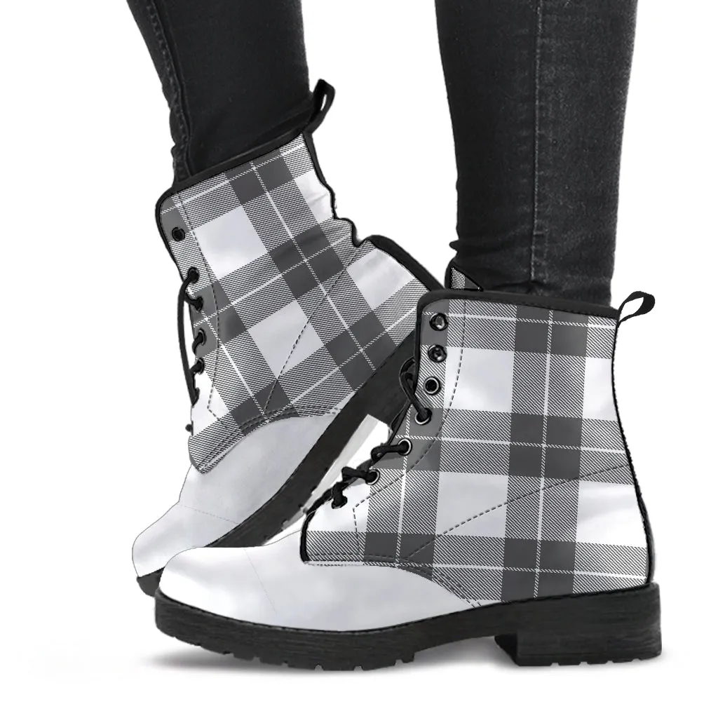 Gray and White Plaid Vegan Leather Boots