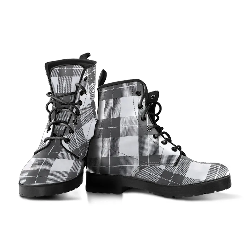 Gray and White Plaid Vegan Leather Boots
