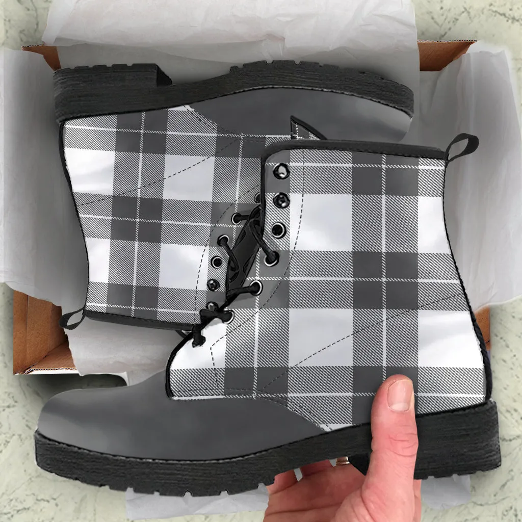 Gray and White Plaid Vegan Leather Boots