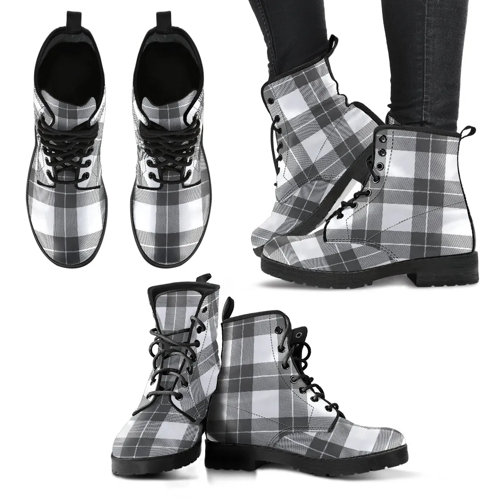 Gray and White Plaid Vegan Leather Boots