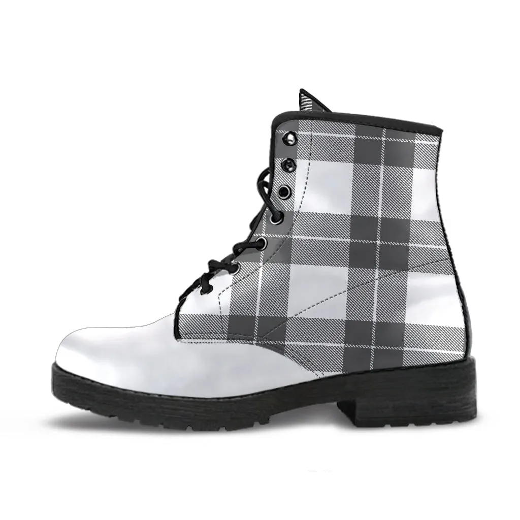 Gray and White Plaid Vegan Leather Boots