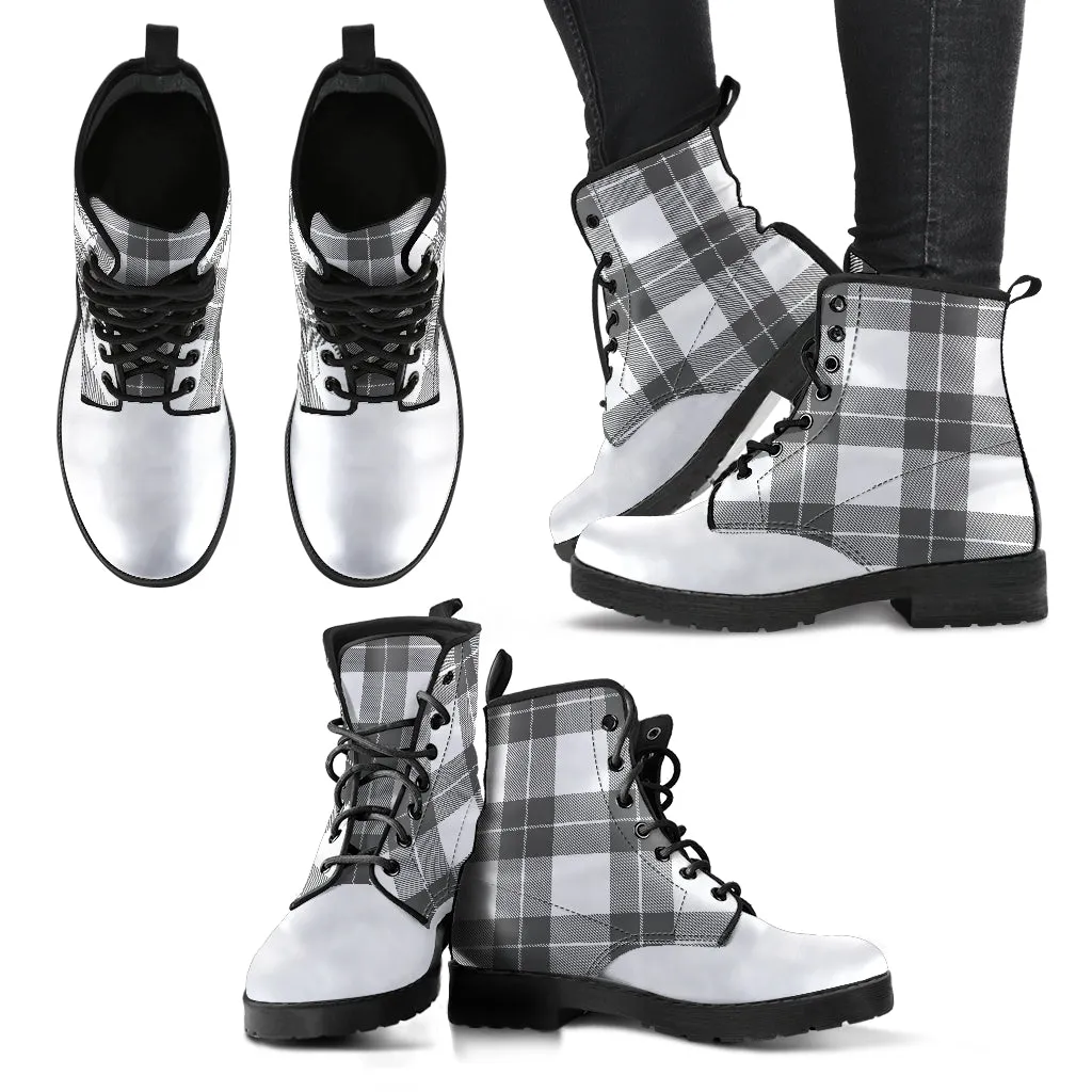 Gray and White Plaid Vegan Leather Boots