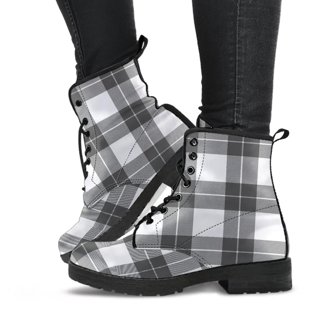 Gray and White Plaid Vegan Leather Boots
