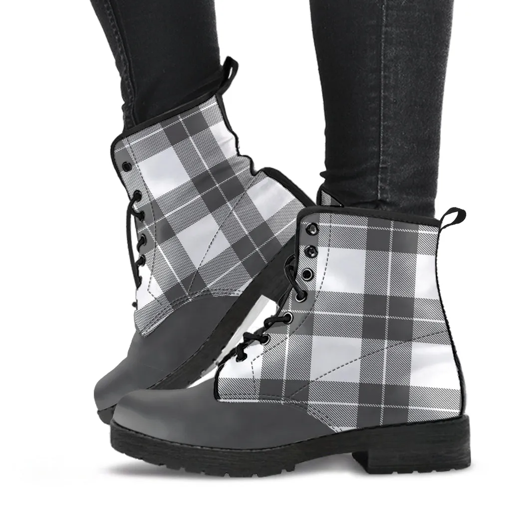 Gray and White Plaid Vegan Leather Boots
