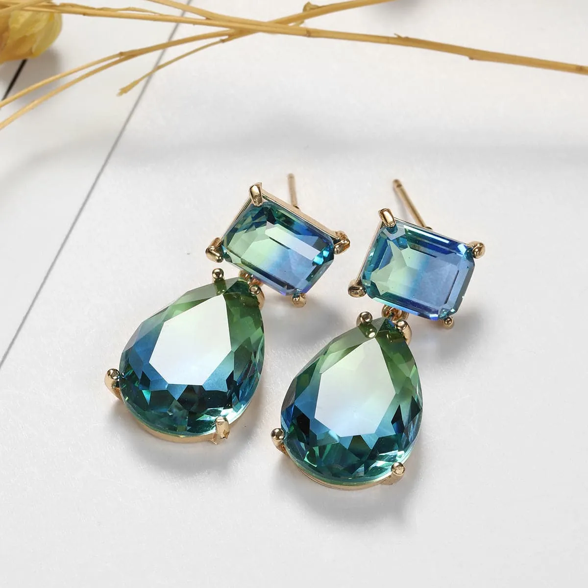 Green & Blue Crystal 18K Rose Gold-Plated Geometric Teardrop Earrings