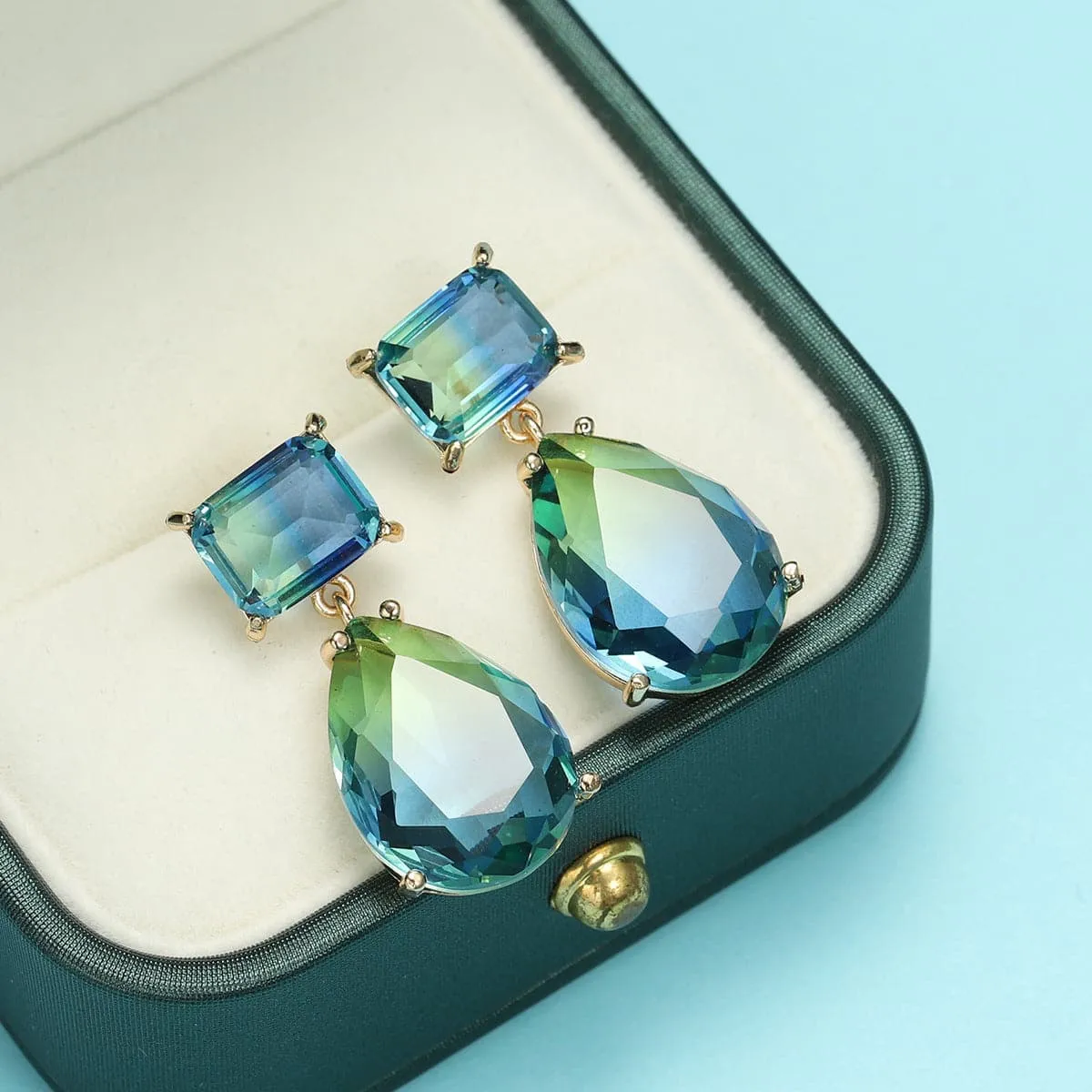Green & Blue Crystal 18K Rose Gold-Plated Geometric Teardrop Earrings