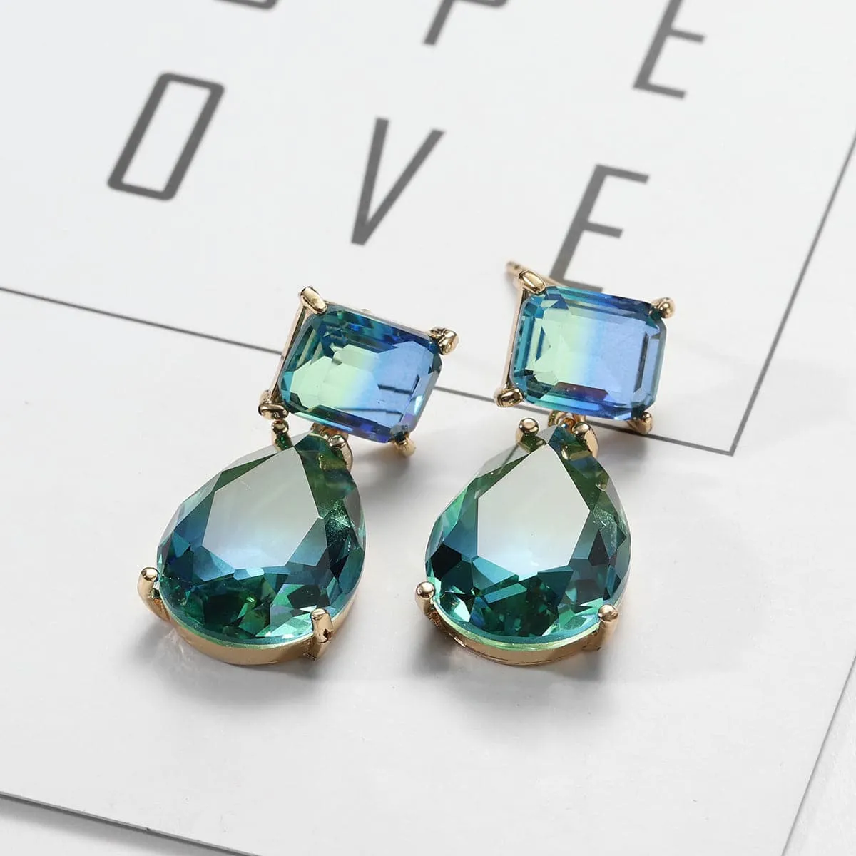 Green & Blue Crystal 18K Rose Gold-Plated Geometric Teardrop Earrings