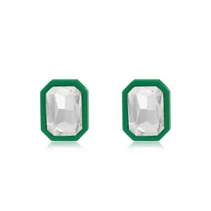 Green & Crystal Rectangle Stud Earrings