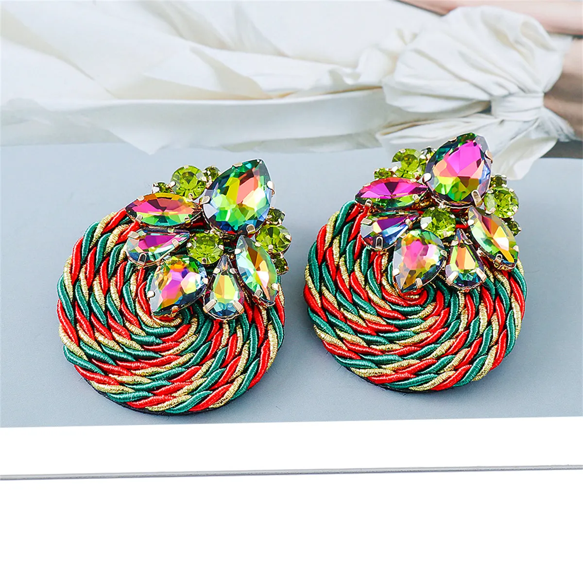 Green & Red Crystal Round Rope Drop Earrings