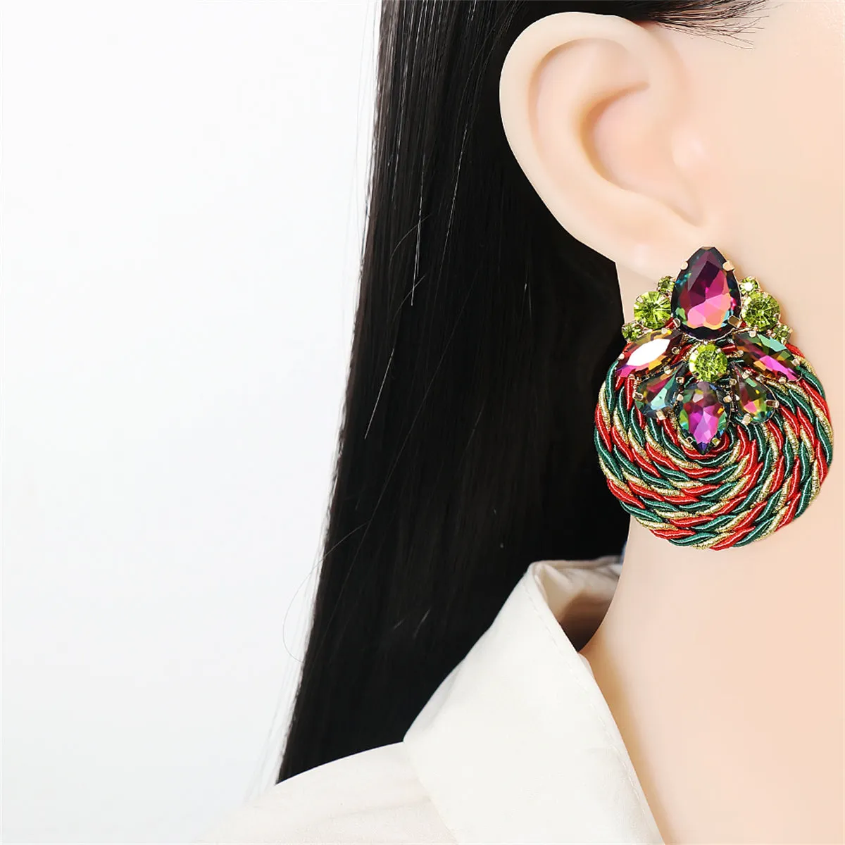 Green & Red Crystal Round Rope Drop Earrings