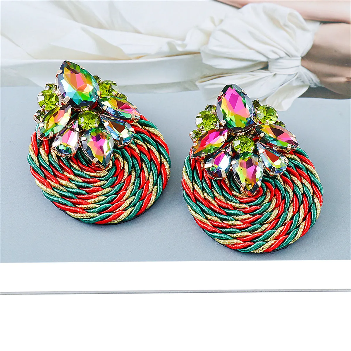 Green & Red Crystal Round Rope Drop Earrings