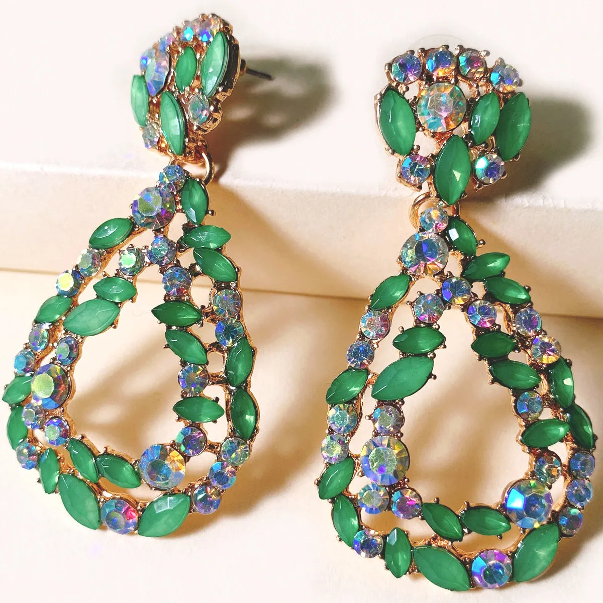 Green Crystal & Cubic Zirconia 18K Gold-Plated Teardrop Earrings