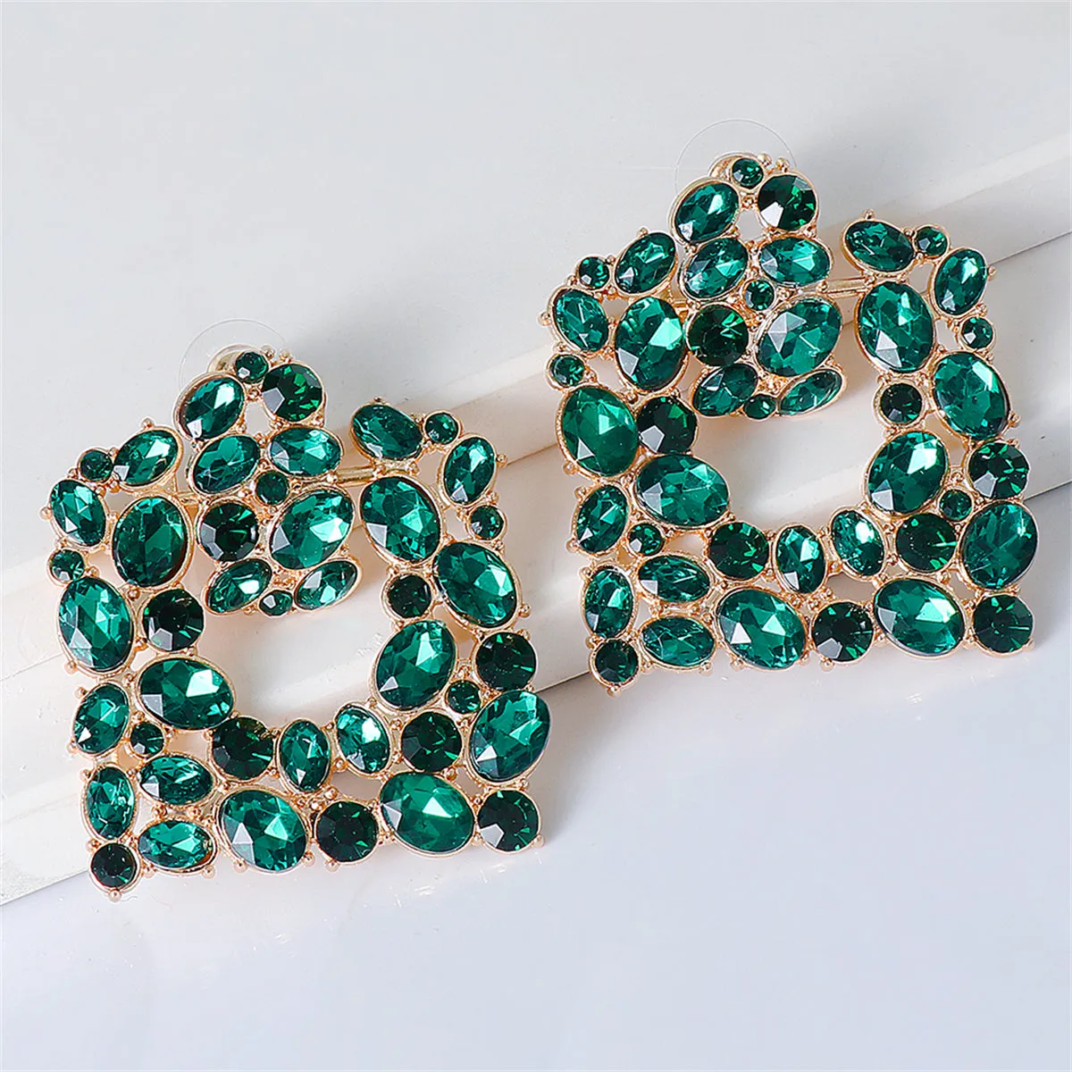 Green Crystal & Cubic Zirconia Cluster Drop Earrings
