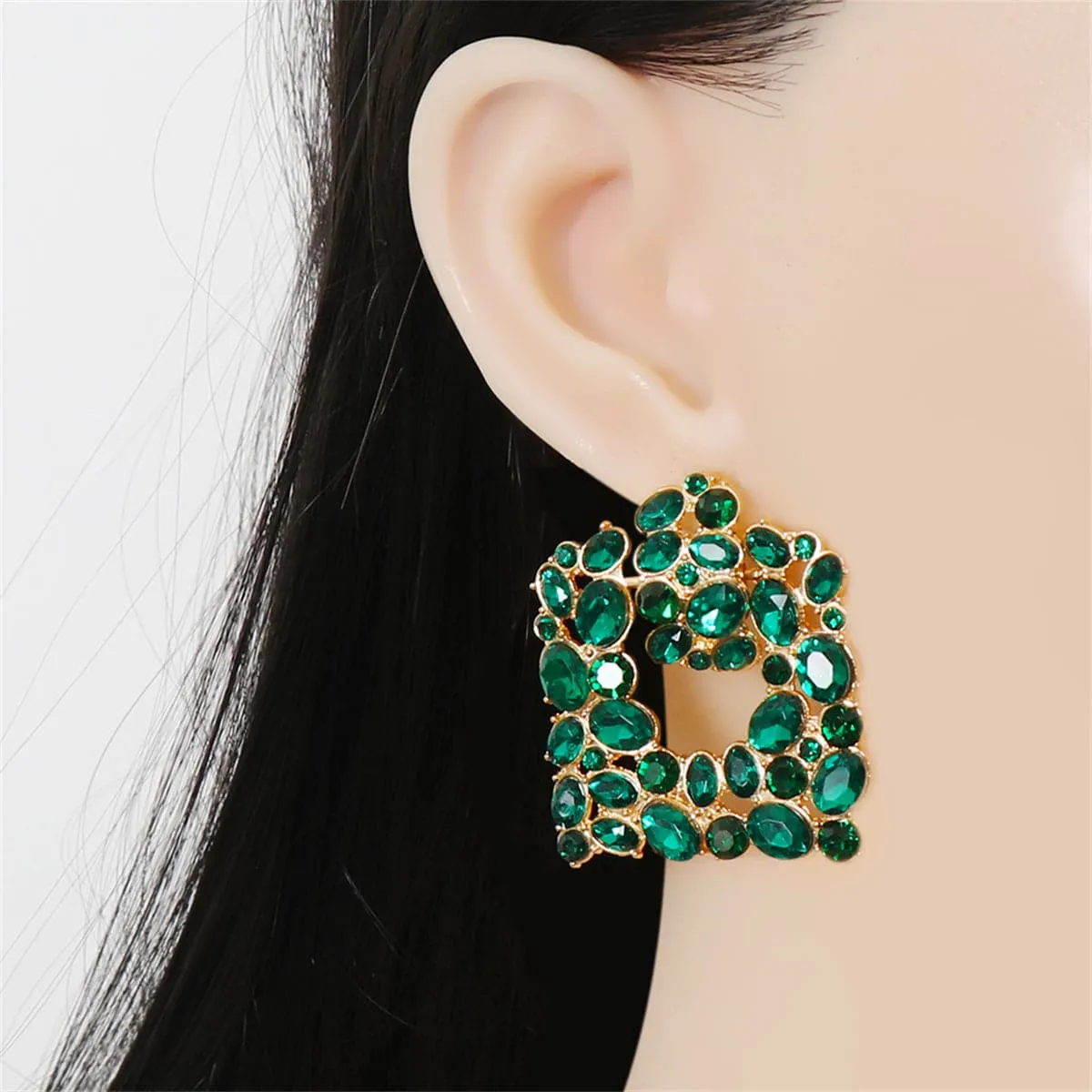 Green Crystal & Cubic Zirconia Cluster Drop Earrings