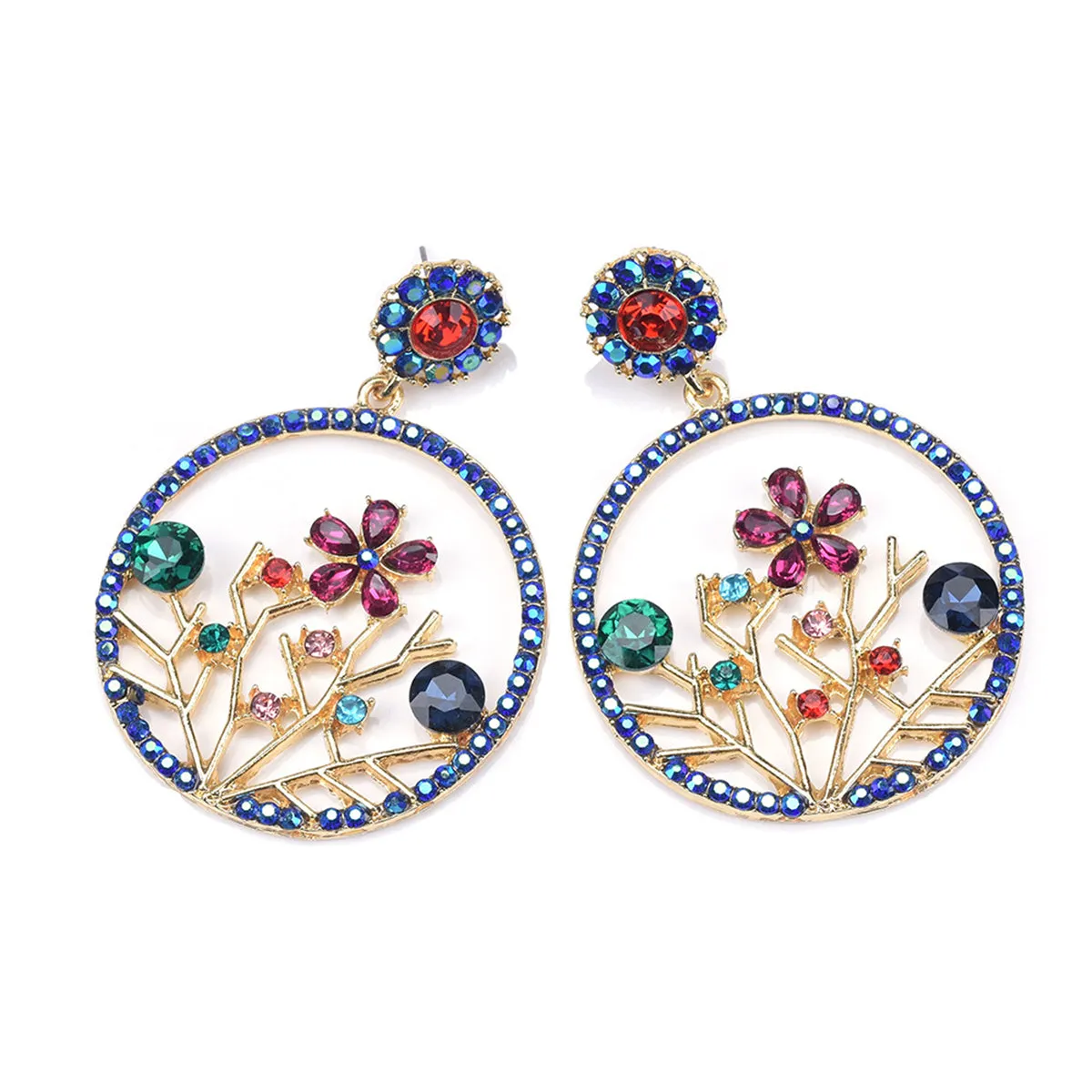 Green Crystal & Cubic Zirconia Floral Circle Drop Earrings