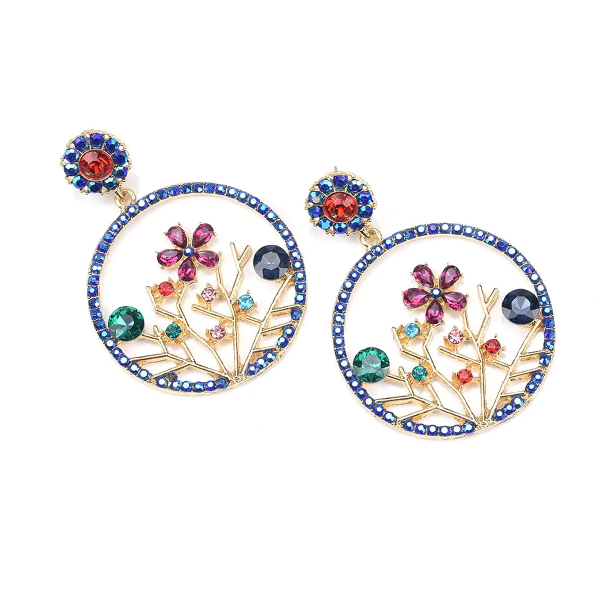 Green Crystal & Cubic Zirconia Floral Circle Drop Earrings