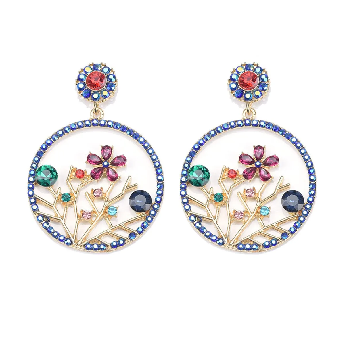 Green Crystal & Cubic Zirconia Floral Circle Drop Earrings
