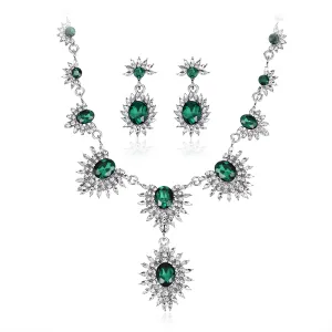 Green Crystal & Cubic Zirconia Lotus Pendant Necklace & Drop Earrings
