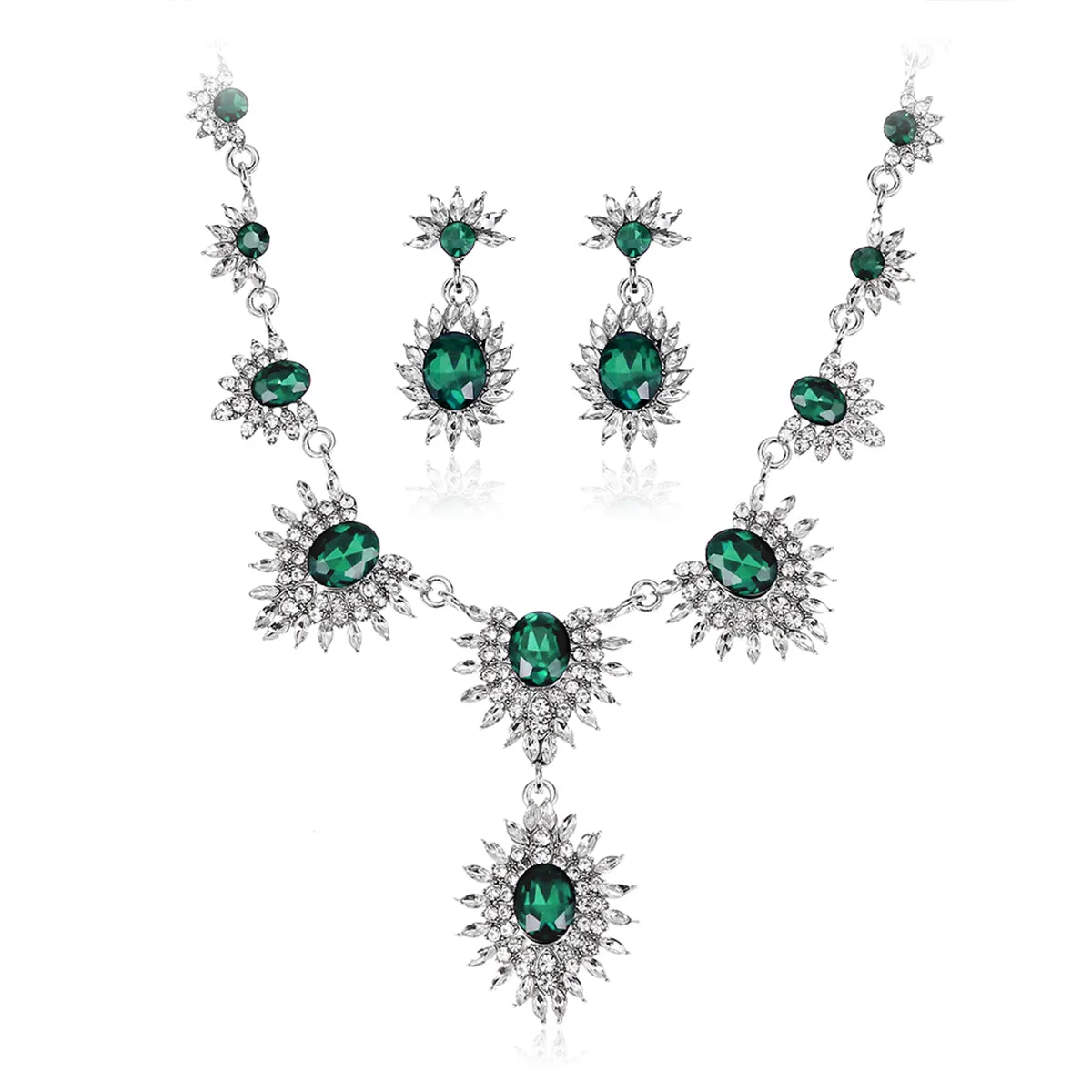 Green Crystal & Cubic Zirconia Lotus Pendant Necklace & Drop Earrings