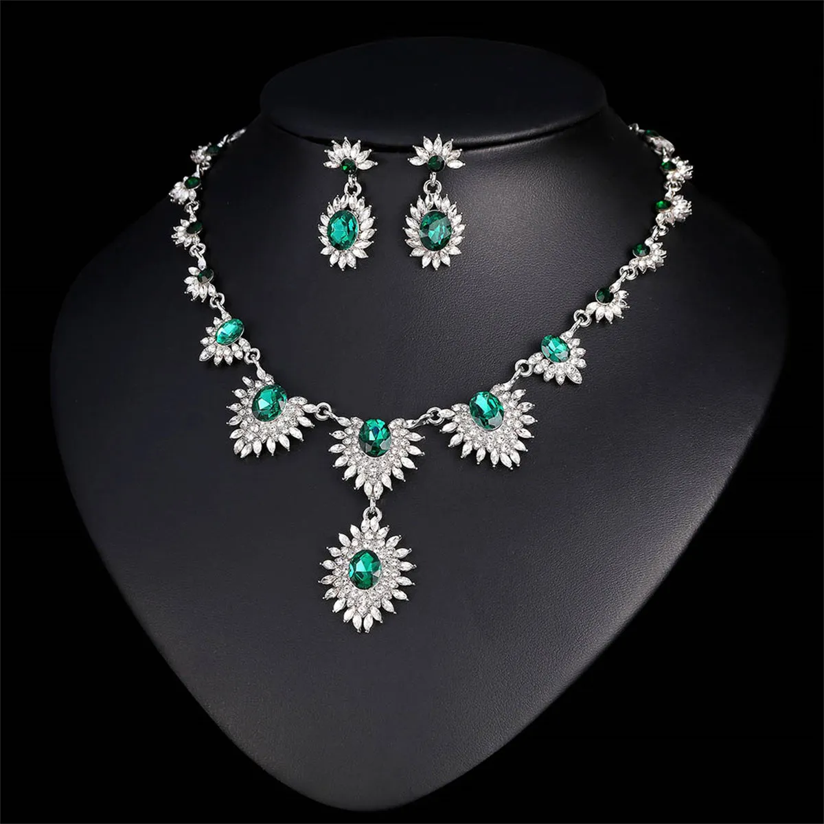 Green Crystal & Cubic Zirconia Lotus Pendant Necklace & Drop Earrings