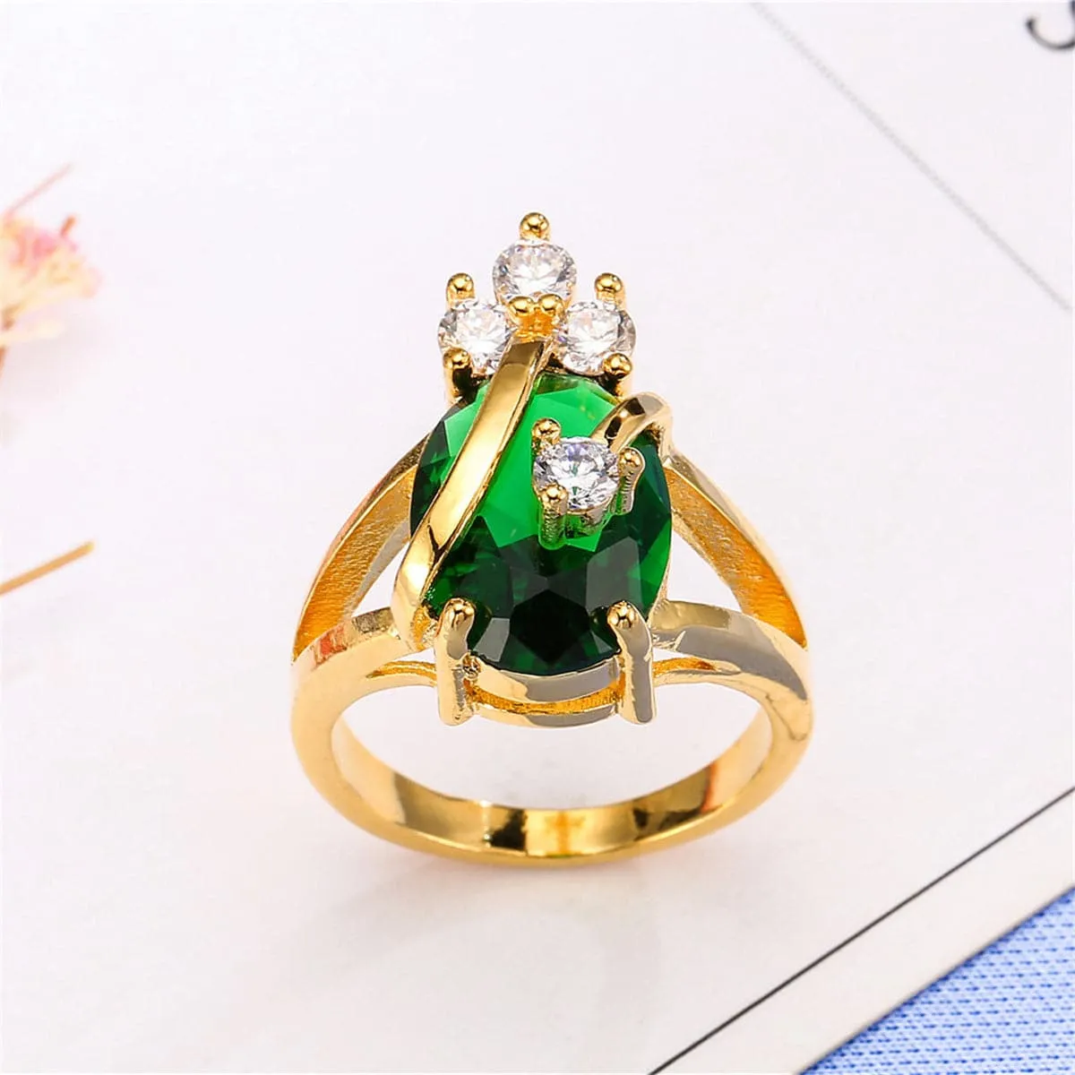 Green Crystal & Cubic Zirconia Oval-Cut Ring