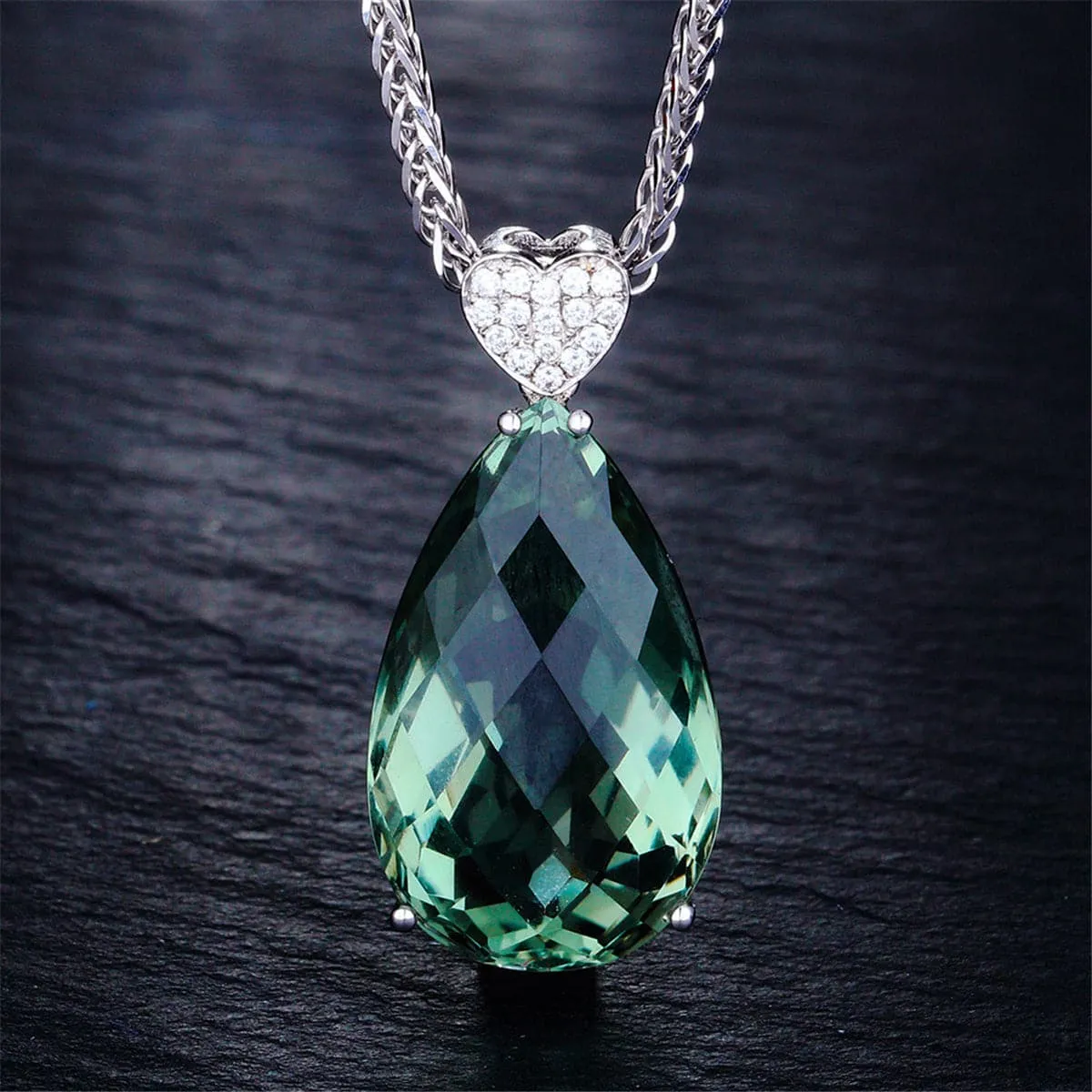 Green Crystal & Cubic Zirconia Pear Cut Heart Pendant Necklace