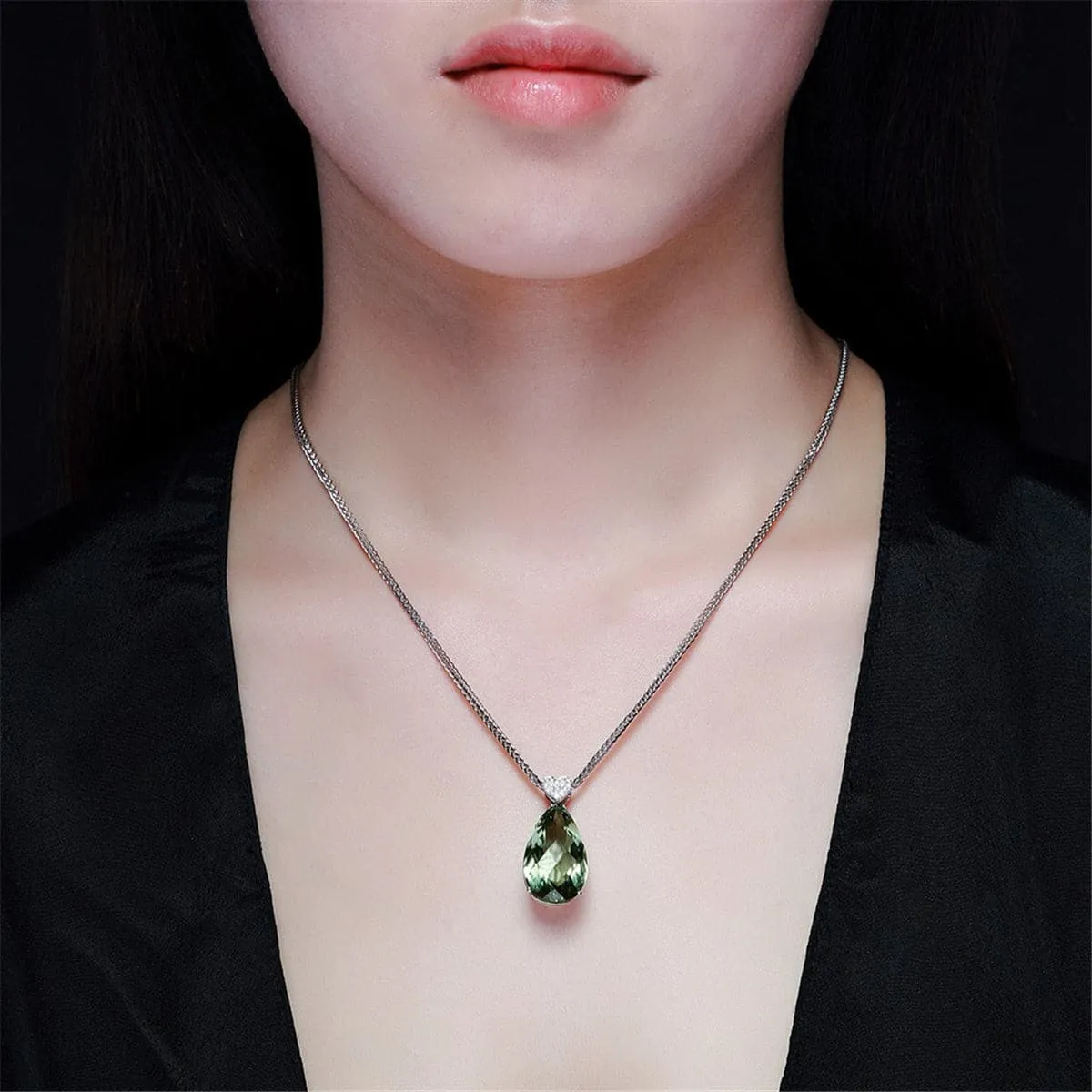 Green Crystal & Cubic Zirconia Pear Cut Heart Pendant Necklace