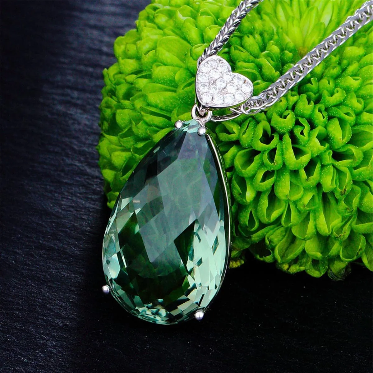 Green Crystal & Cubic Zirconia Pear Cut Heart Pendant Necklace