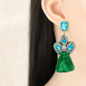 Green Crystal & Cubic Zirconia Tassel Drop Earrings