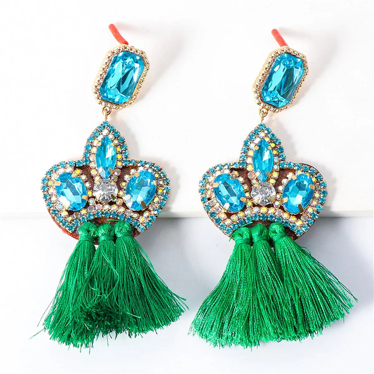 Green Crystal & Cubic Zirconia Tassel Drop Earrings