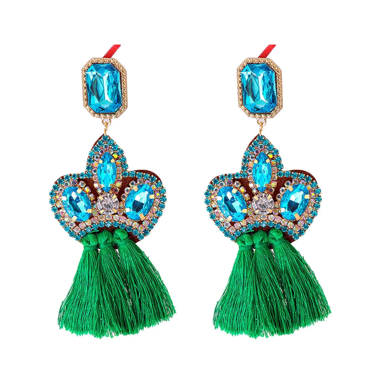 Green Crystal & Cubic Zirconia Tassel Drop Earrings